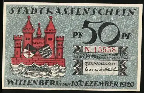 Notgeld Wittenberg 1920, 50 Pf, Stadtkassenschein mit Burg und Martin Luther Porträt