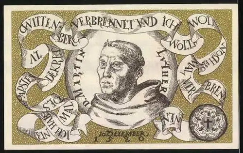 Notgeld Wittenberg 1920, 50 Pfennig, Stadtkassenschein mit roter Burg und Porträt von Martin Luther