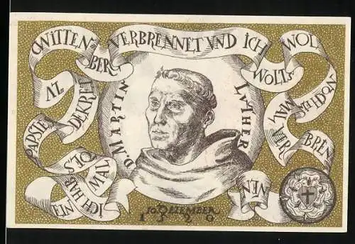 Notgeld Wittenberg 1920, 50 Pfennig, Martin Luther Porträt und Stadtsiegel mit Burg und Wappen