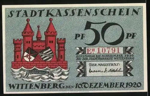 Notgeld Wittenberg 1920, 50 Pfennig, Martin Luther Porträt und Stadtsiegel mit Burg und Wappen