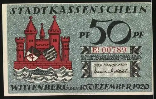 Notgeld Wittenberg 1920, 50 Pfennig, Stadtkassenschein mit Luther-Porträt und Stadtsiegel