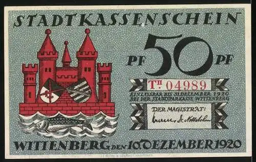 Notgeld Wittenberg 1920, 50 Pfennig, Martin Luther Porträt und Stadtwappen