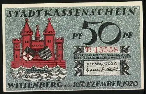 Notgeld Wittenberg, 1920, 50 Pf, Martin Luther Porträt und Stadtwappen