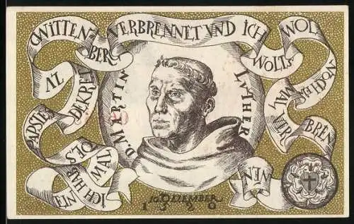 Notgeld Wittenberg 1920, 50 Pf, Portrait von Martin Luther und Stadtkassenschein mit rotem Schloss