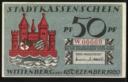 Notgeld Wittenberg 1920, 50 Pf, Portrait von Martin Luther und Stadtkassenschein mit rotem Schloss