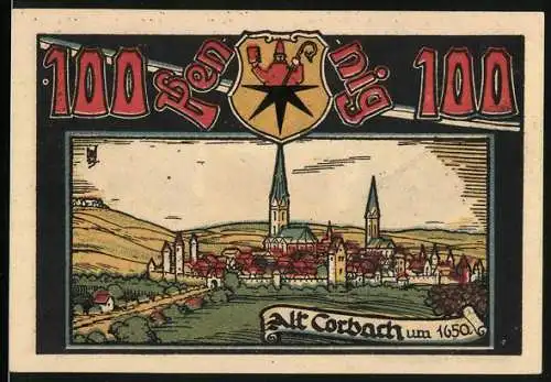 Notgeld Corbach, 1909, 100 Pfennig, Alt Corbach um 1650 und Gutschein des Sportvereins