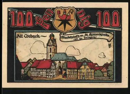 Notgeld Corbach, 1921, 100 Pfennig, Marktplatz mit St. Kilianikirche und Sportschein des Sport-Vereins 1909