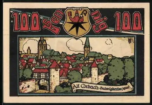 Notgeld Corbach, 1921, 100 Pfennig, Ansicht der Stadt und Sportverein-Gutschein