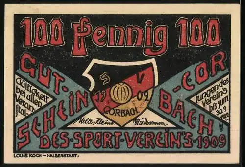 Notgeld Corbach, 1921, 100 Pfennig, Ansicht der Stadt und Sportverein-Gutschein