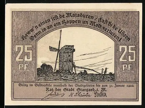 Notgeld Stargard i. M., 1922, 25 Pf., Windmühle und Stadtansicht