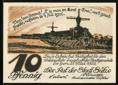 Notgeld Sülze, 1922, 10 Pfennig, Windmühle und Gebäude der Stadt