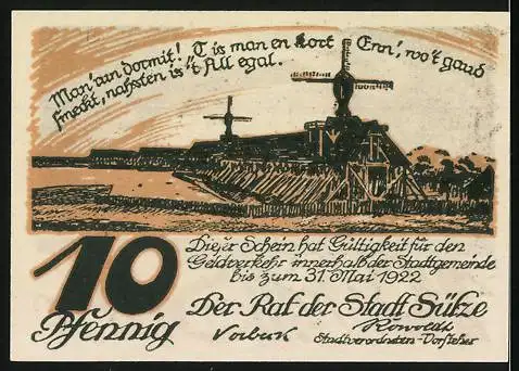 Notgeld Sülze, 1922, 10 Pfennig, Reutergeld der Stadt mit Gebäude und Windmühle