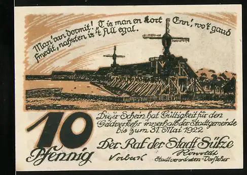 Notgeld Sülze, 1922, 10 Pfennig, Windmühle und Gebäudeillustration