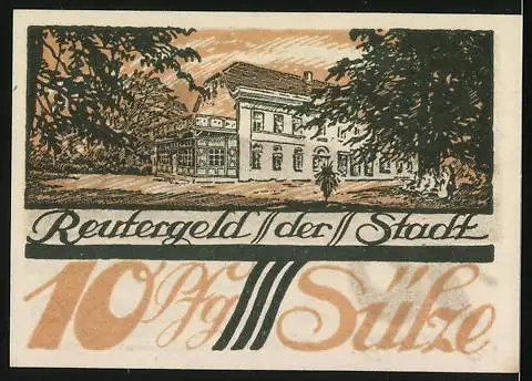 Notgeld Sülze, 1922, 10 Pfennig, Windmühle und Gebäudeillustration