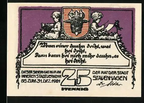 Notgeld Stavenhagen 1921, 25 Pfennig, Motiv mit Stadtwappen und sitzender Figur