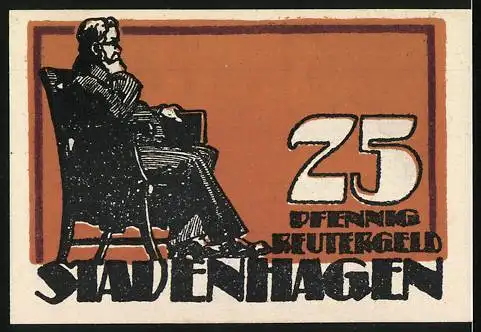 Notgeld Stavenhagen 1921, 25 Pfennig, Motiv mit Stadtwappen und sitzender Figur