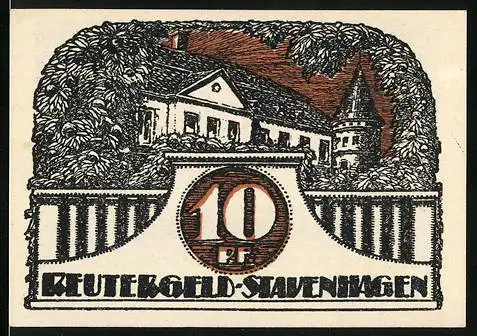 Notgeld Stavenhagen, 1921, 10 Pfennig, Gebäude mit Turm und Inschrift auf der Rückseite