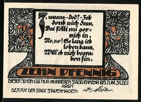 Notgeld Stavenhagen 1921, 10 Pfennig, Reutergeld mit Gebäude und Text