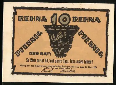 Notgeld Rehna, 1922, 10 Pfennig, Reutergeld mit Stadtansicht und Wappen