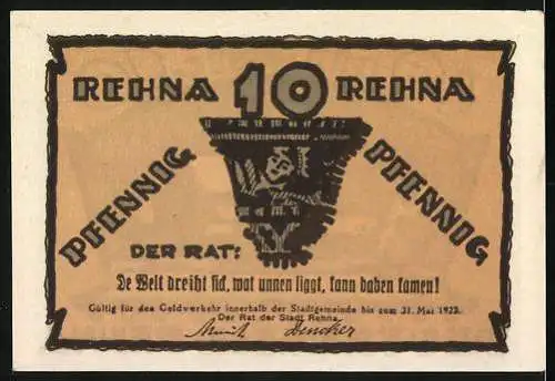 Notgeld Rehna, 1922, 10 Pfennig, Reutergeld mit Stadtkulisse und Wappen