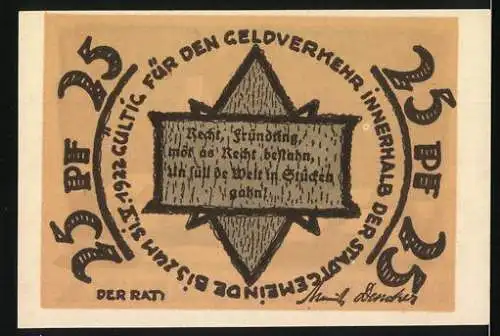 Notgeld Rehna, 1922, 25 Pfennig, Reutergeld mit winterlicher Dorfszene und Spruch auf der Rückseite