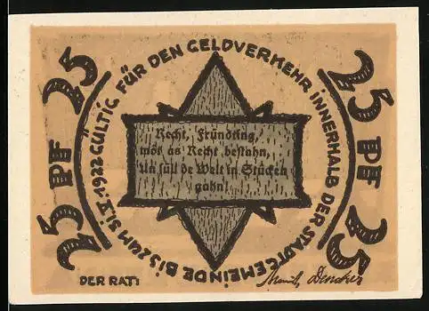 Notgeld Rehna, 1921, 25 Pfennig, Reutergeld mit Stadtansicht im Winter und Inschrift