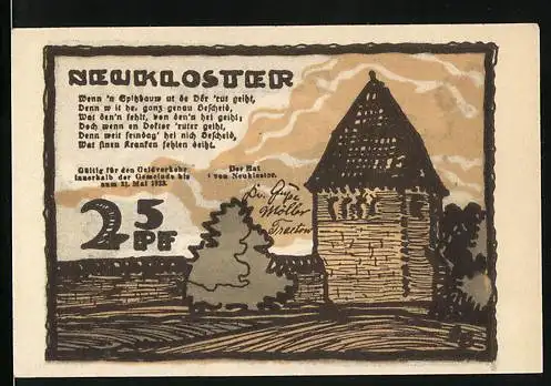 Notgeld Neukloster, 1921, 25 Pfennig, Turm und Gebäudeillustrationen