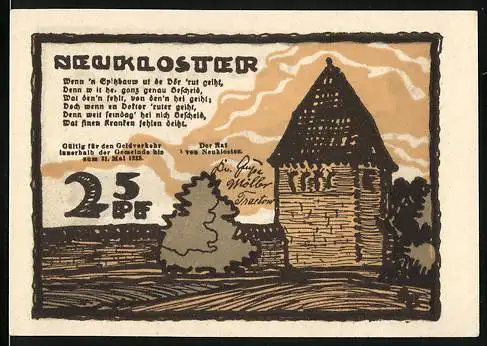 Notgeld Neukloster 1921, 25 Pfennig, Turm und Gebäudeabbildungen