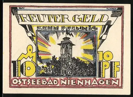 Notgeld Ostseebad Nienhagen, 1920, 10 Pfennig, Reutergeld mit Turm und Fischerboot-Motiv