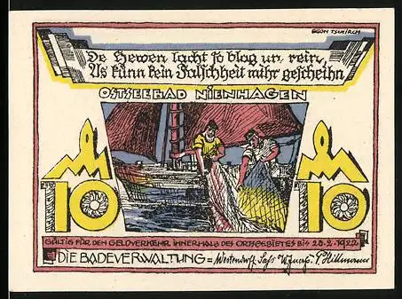Notgeld Ostseebad Nienhagen, 1921, 10 Pfennig, Fischer und Turmabbildung