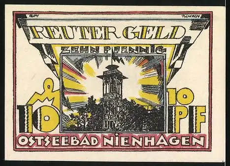 Notgeld Ostseebad Nienhagen, 1921, 10 Pfennig, Fischer und Turmabbildung