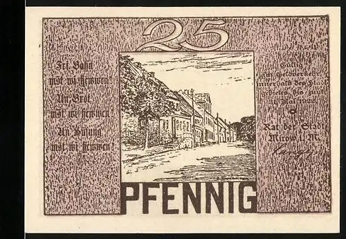 Notgeld Mirow, 25 Pfennig, Stadtansicht mit Gebäuden und Bäumen, Reutergeld der Stadt Mirow