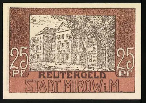 Notgeld Mirow, 25 Pfennig, Stadtansicht mit Gebäuden und Bäumen, Reutergeld der Stadt Mirow
