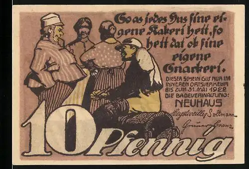 Notgeld Neuhaus, 1920, 10 Pfennig, Bäcker-Szene und Landschaft mit Fabrik und Baum