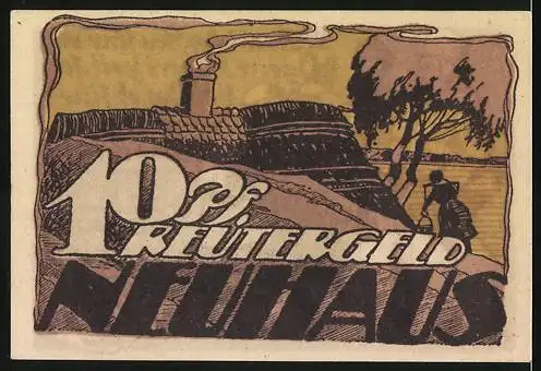 Notgeld Neuhaus, 1920, 10 Pfennig, Bäcker-Szene und Landschaft mit Fabrik und Baum