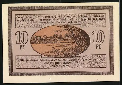 Notgeld Mirow i.M., 10 Pfennig, Reutergeld mit Landschaftsmotiv und Gebäudedruck, gültig bis Dezember 1921