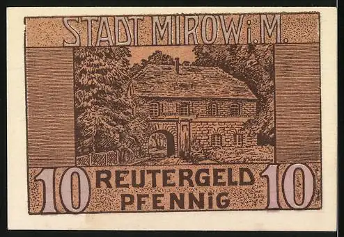 Notgeld Mirow, 1921, 10 Pfennig, Reutergeld mit Landschafts- und Gebäudemotiv