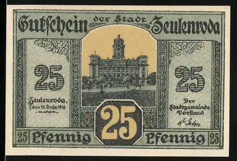 Notgeld Zeulenroda 1918, 25 Pfennig, Gutschein der Stadt mit Stadtwappen und Gebäude