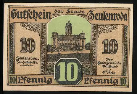 Notgeld Zeulenroda 1921, 10 Pfennig, Stadthalle und Wappen mit Löwen