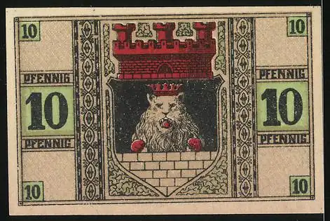 Notgeld Zeulenroda 1921, 10 Pfennig, Stadthalle und Wappen mit Löwen