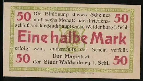 Notgeld Waldenburg, Eine halbe Mark, Serie III Nr. 45487, Stadt Waldenburg i. Schl