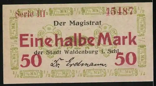 Notgeld Waldenburg, Eine halbe Mark, Serie III Nr. 45487, Stadt Waldenburg i. Schl