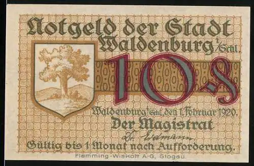 Notgeld Waldenburg, 1920, 10 S, Stadtwappen und Arbeiter-Motiv