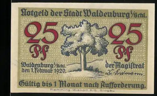 Notgeld Waldenburg 1920, 25 Pf, Baum und Bergleute, Gültig bis 1 Monat nach Aufforderung