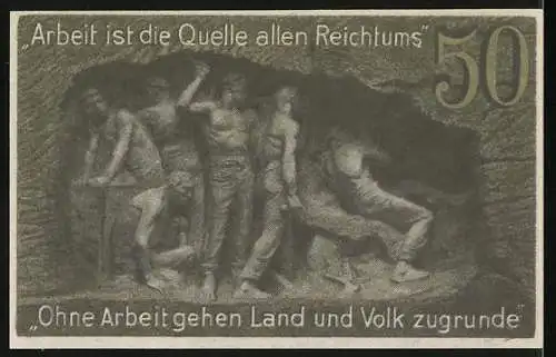 Notgeld Waldenburg 1920, 50 Pf, Baum und Bergleute in einer Mine