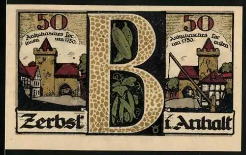 Notgeld Zerbst Anhalt, 1921, 50 Pfennig, mittelalterliche Tortürme und Stadtwappen mit Figuren und Inschrift