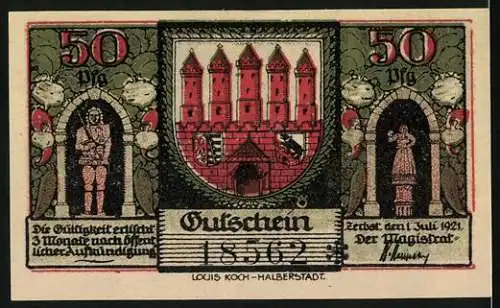 Notgeld Zerbst Anhalt, 1921, 50 Pfennig, mittelalterliche Tortürme und Stadtwappen mit Figuren und Inschrift