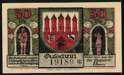 Notgeld Zerbst Anhalt 1921, 50 Pf, Domtürme und Statuen, historische Gebäude