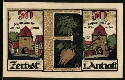 Notgeld Zerbst, 1921, 50 Pf, Motiv mit Toren und Rüben, Rückseite mit Gutschein und Wappen