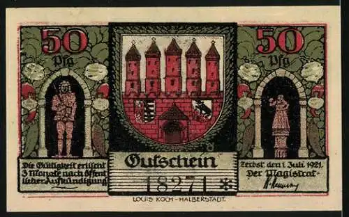 Notgeld Zerbst, 1921, 50 Pf, Motiv mit Toren und Rüben, Rückseite mit Gutschein und Wappen